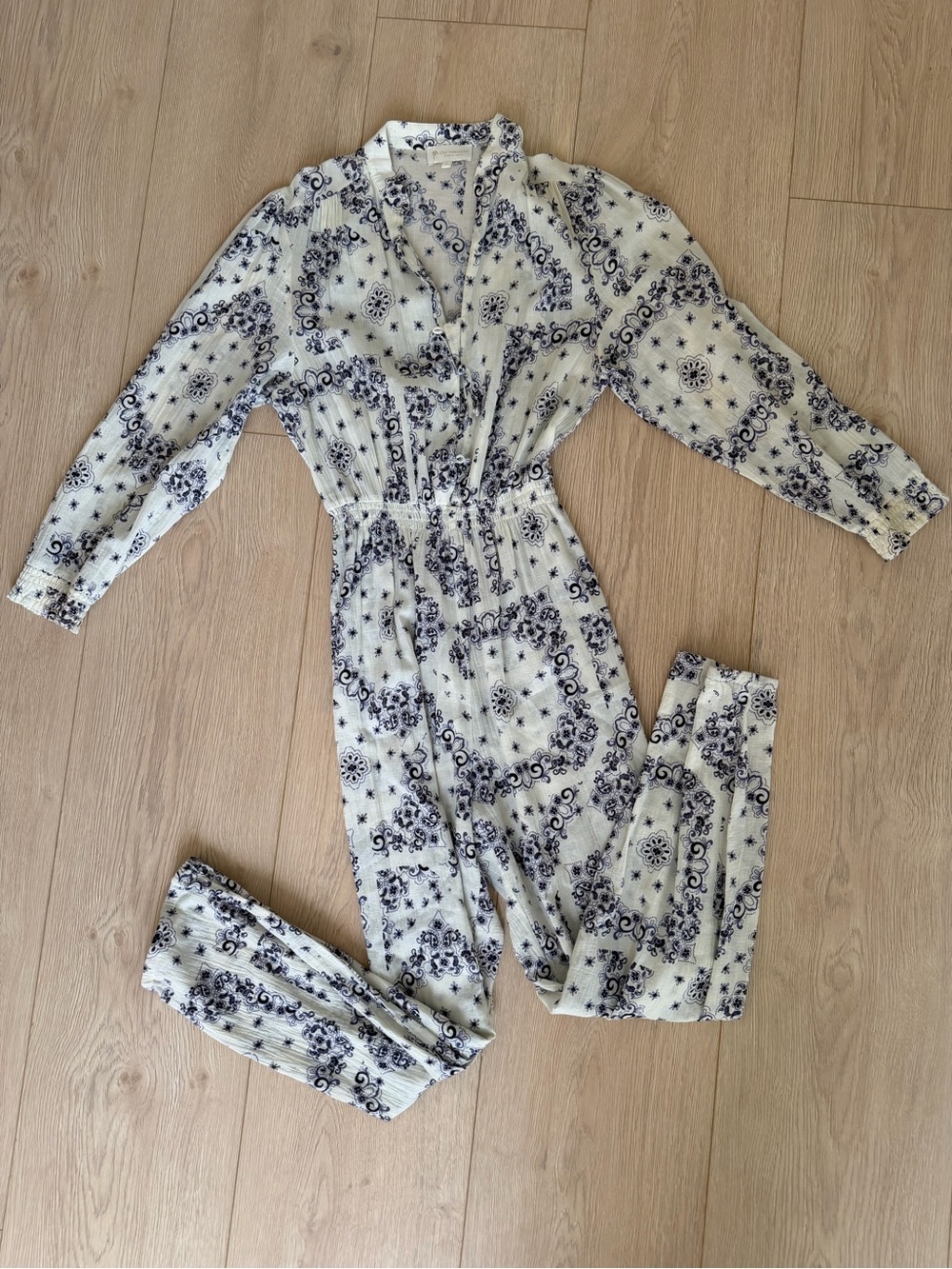 Printed White and Navy Long-Sleeve Jumpsuit